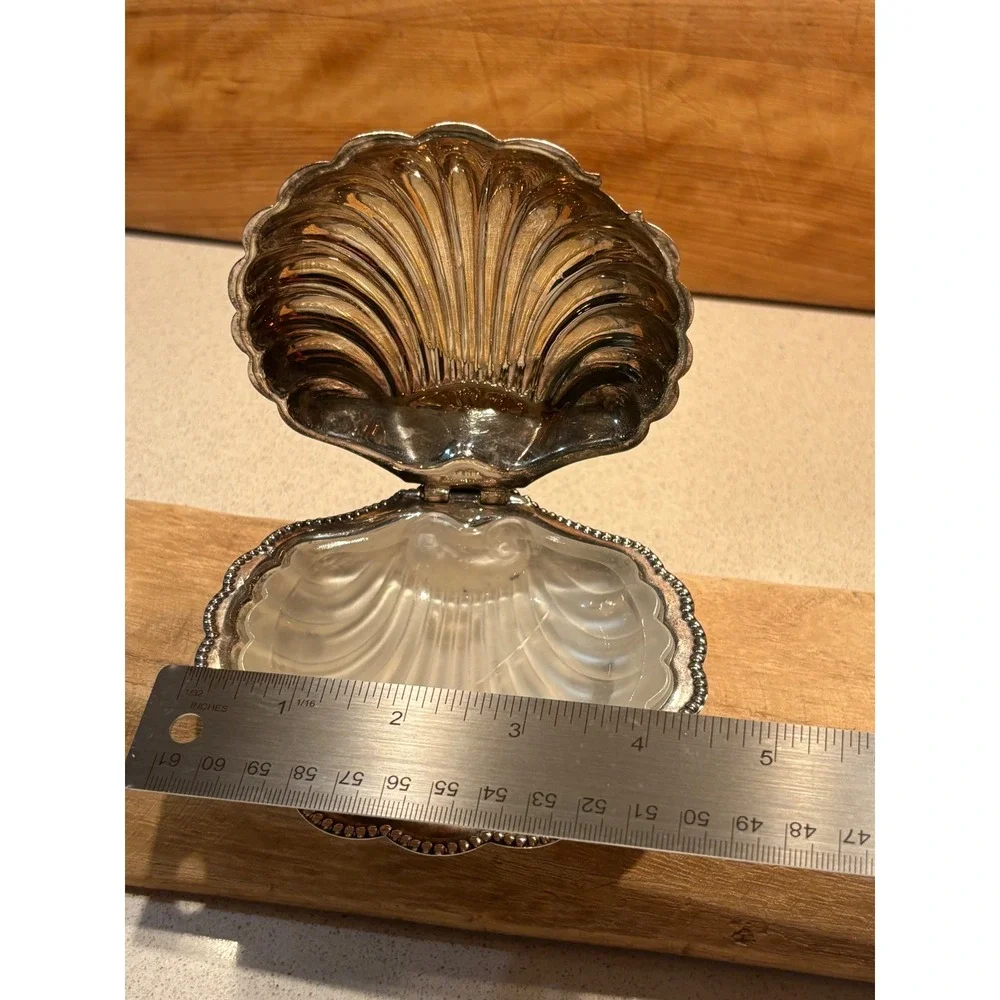 Vintage Silver Plated Clam Shell Butter Dish England Frosted Glass Liner 5 inch